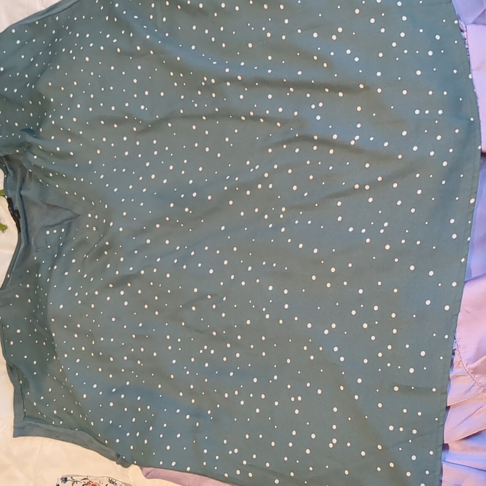 Mixed Media Teal Polka Dot blouse.